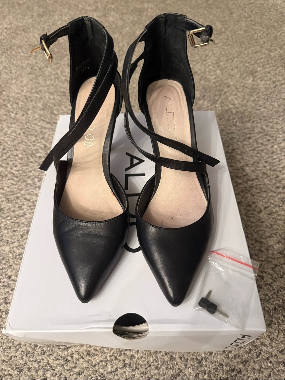 Aldo Black Pointed-Toe Crisscross Ankle Strap Heels